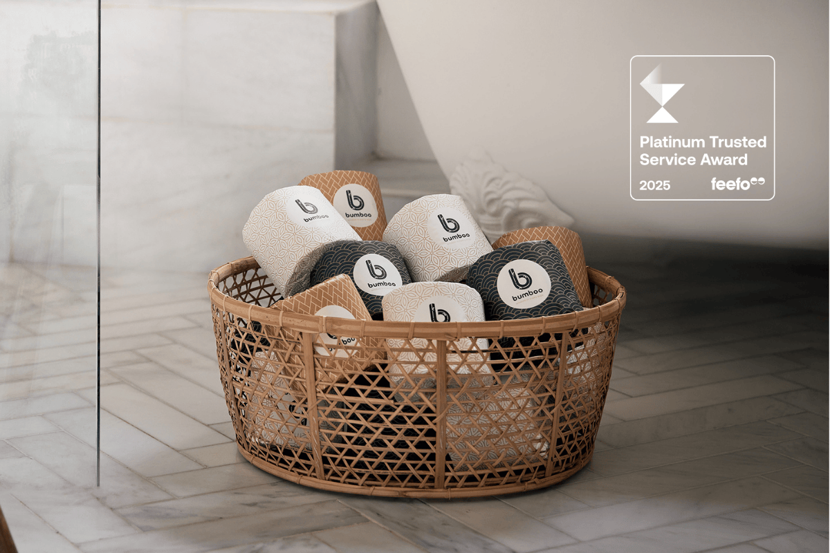 Basket of toilet rolls and feefo platinum review badge