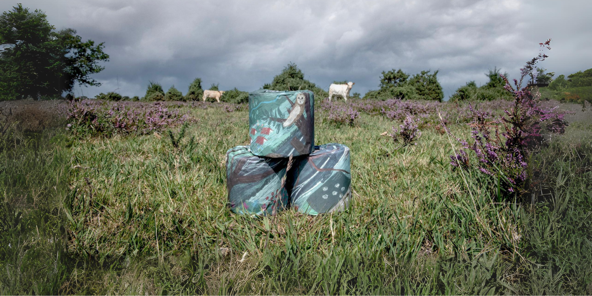 decorative toilet rolls  stacked in landscape with cows in background