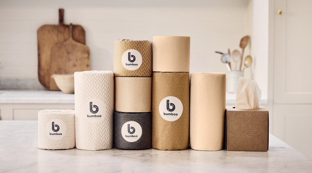 A set of bumboo paper products displayed in a kitchen.