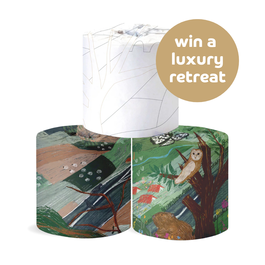 three limited edition rewilding toilet rolls stacked on each other, showing colourful rewilding scenes